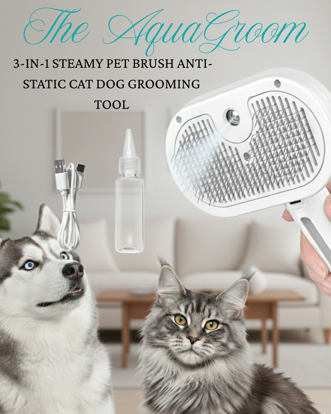 The AquaGroom 3-in-1 Steamy Pet Brush Anti-Static Cat Dog Grooming Tool