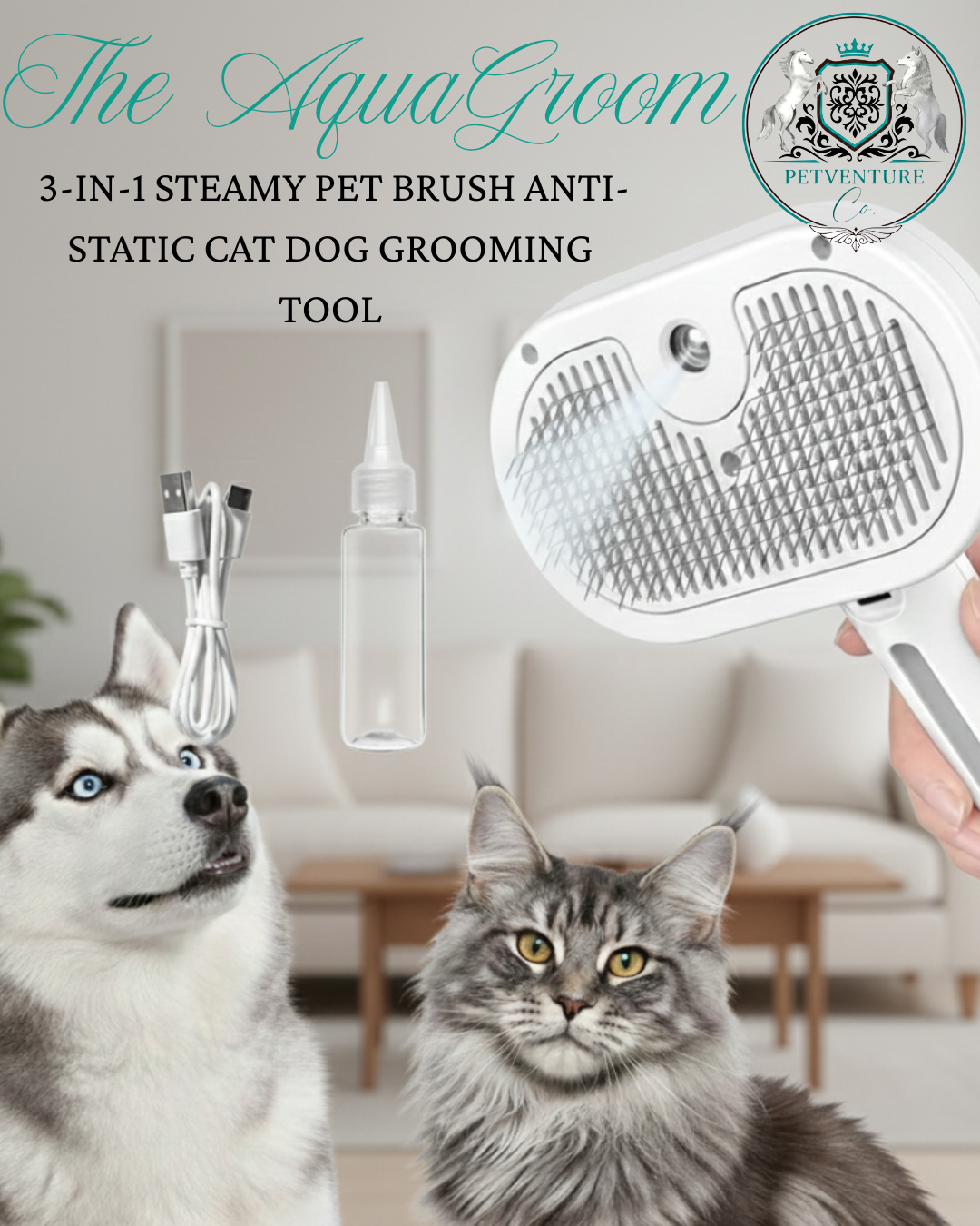 The AquaGroom 3-in-1 Steamy Pet Brush Anti-Static Cat Dog Grooming Tool